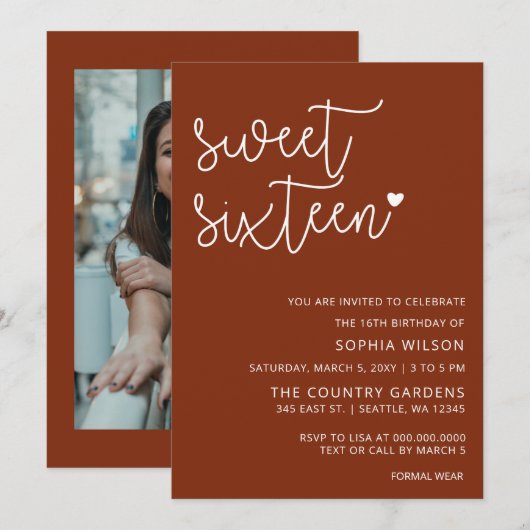 Rustic Terracotta Script Sweet 16 Birthday Foto I Kaart (Voorkant / Achterkant)