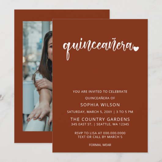 Rustic Terracotta Simple Script Quinceanera Photo Kaart (Voorkant / Achterkant)