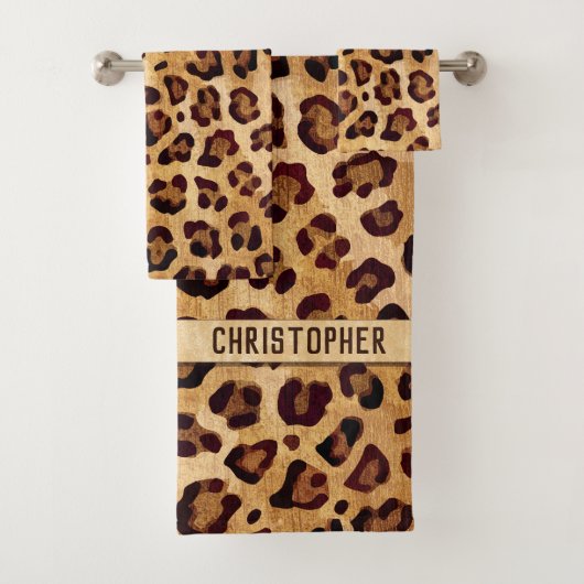 Rustic Texture Leopard Print Naam toevoegen Bad Handdoek (Insitu)