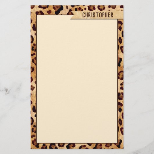 Rustic Texture Leopard Print Naam toevoegen Briefpapier (Voorkant)
