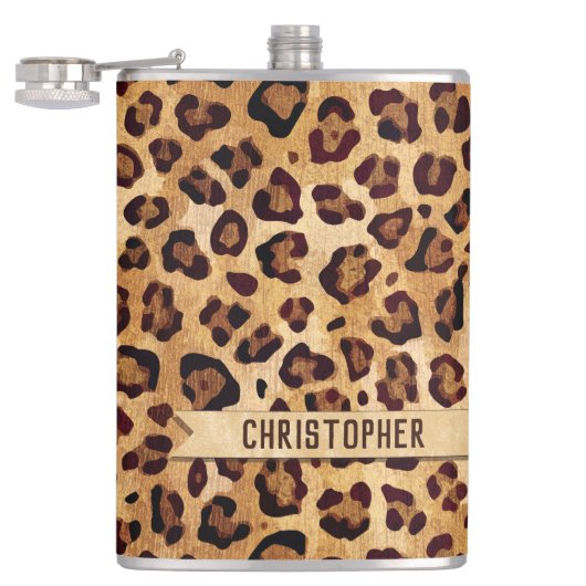 Rustic Texture Leopard Print Naam toevoegen Heupfles (Geopend)