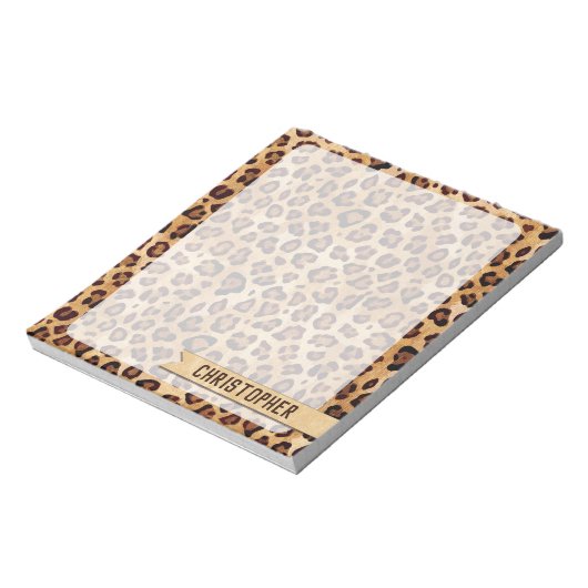Rustic Texture Leopard Print Naam toevoegen Notitieblok (Gedraaid)