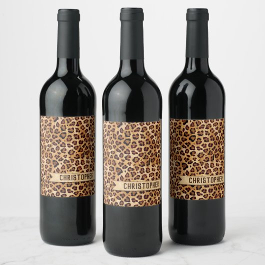 Rustic Texture Leopard Print Naam toevoegen Wijn Etiket (Flessen)