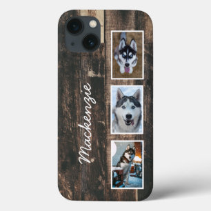 Rustic Three Photo Wood Collage Name Hoesje-Mate i iPhone 13 Hoesje