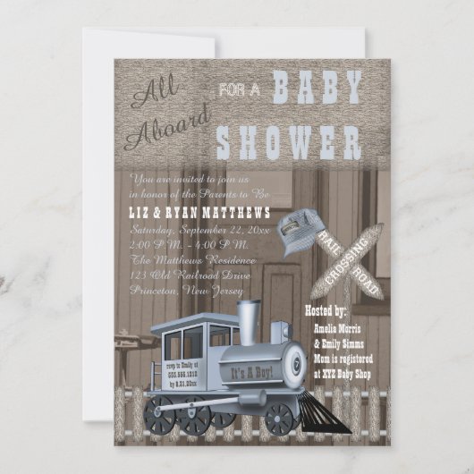 Rustic Train Railroad Crossing Baby shower Invitat Kaart (Voorkant)