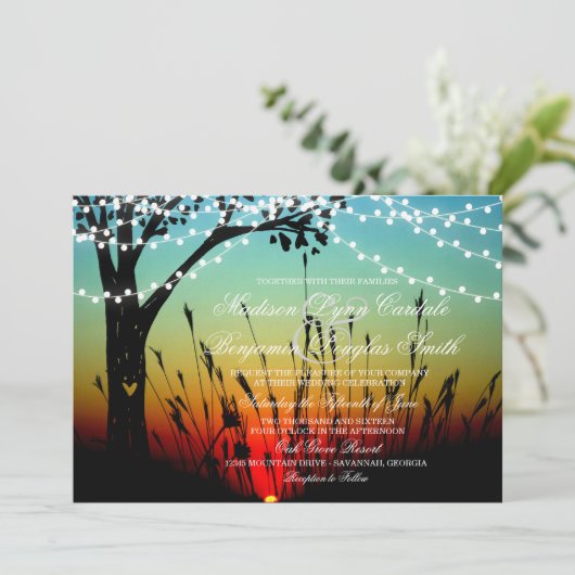 Rustic Tree String of Lights Sunset Wedding Invite Kaart (Staand voorkant)