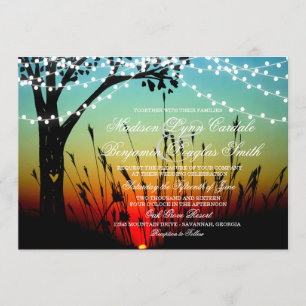 Rustic Tree String of Lights Sunset Wedding Invite Kaart