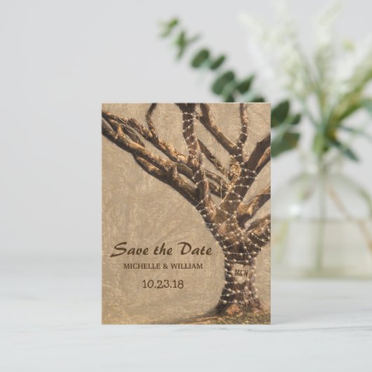 Rustic Tree Wedding Sla de datum op Aankondigingskaart (Staand voorkant)