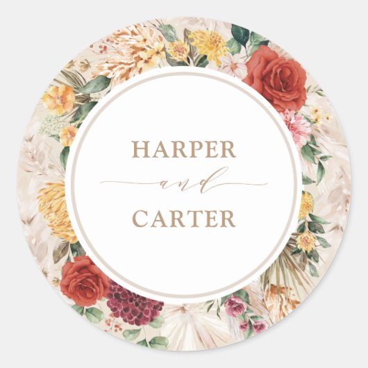 Rustic Tropical Boho Pampas Grass Floral Wedding Ronde Sticker (Voorkant)