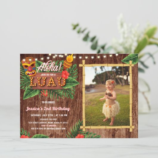 Rustic Tropical Luau Photo Anniversaire Invitation (Debout devant)