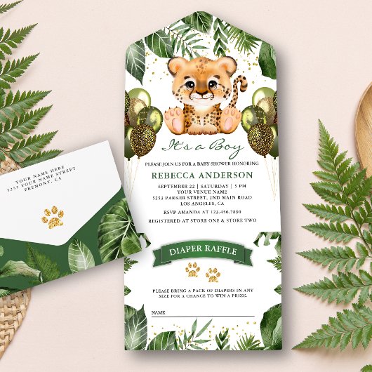 Rustic Tropical Oerwoud Safari Cheetah Baby shower All In One Uitnodiging