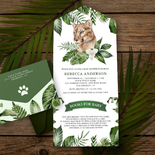 Rustic Tropical Oerwoud Safari Lioness Baby shower All In One Uitnodiging