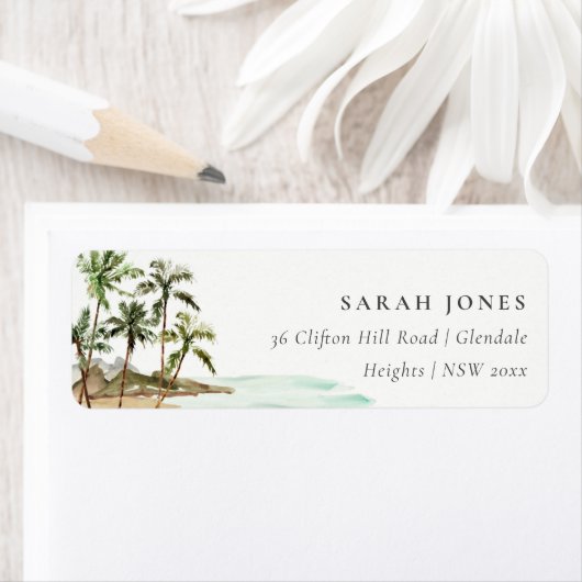 Rustic Tropical Palm Trees Beach Sand Address Etiket (Insitu)