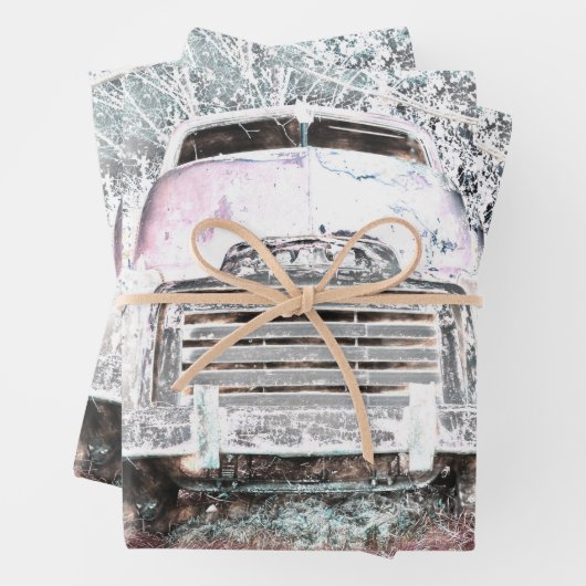 Rustic Truck White Grey Retro Disted Inpakpapier Vel (In situ)
