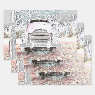 Rustic Truck  White Grey Retro Disted Inpakpapier Vel