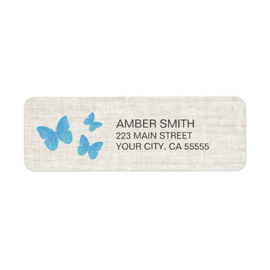 Rustic Turquoise Blue Butterfly Watercolor Linen Etiket (Voorkant)