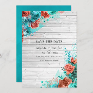 Rustic Turquoise en Coral Rustic Floral Wedding Save The Date