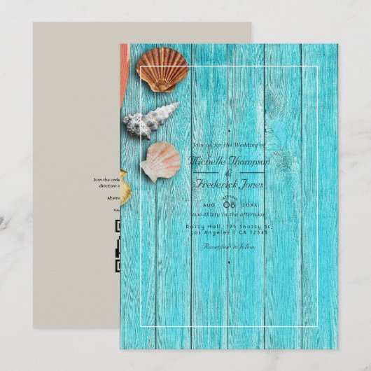 Rustic Turquoise QR Code RSVP Beach Wedding Kaart (Voorkant / Achterkant)