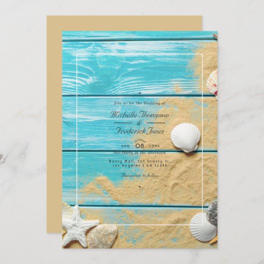 Rustic Turquoise QR Code RSVP Beach Wedding Kaart (Voorkant / Achterkant)