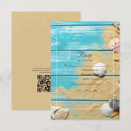 Rustic Turquoise QR Code RSVP Beach Wedding Kaartje (Voorkant / Achterkant)