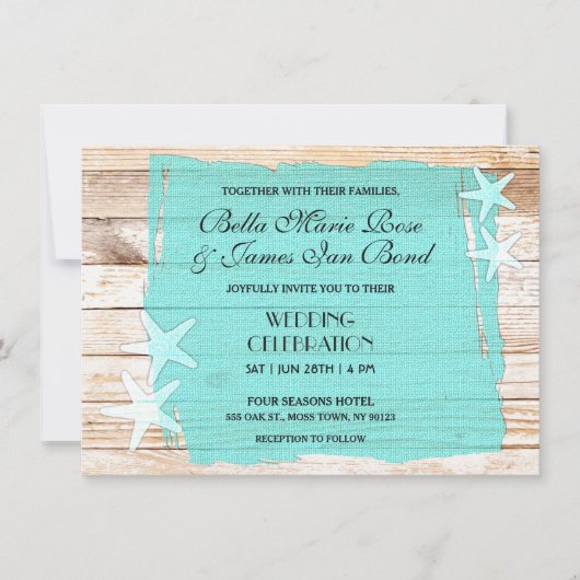Rustic Turquoise Starfish Seashell Wedding Invite Kaart (Voorkant)