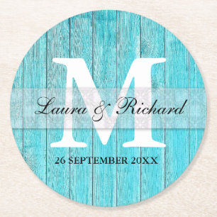 Rustic Turquoise Wood Country Weddenschap Monogram Ronde Kartonnen Onderzetter