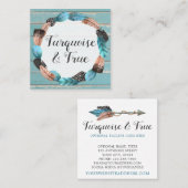 Rustic Turquoise Wood & Feather Arrow Boho Chic Vierkante Visitekaartje (Voorkant / Achterkant)