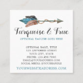 Rustic Turquoise Wood & Feather Arrow Boho Chic Vierkante Visitekaartje (Achterkant)