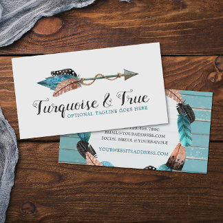 Rustic Turquoise Wood & Feather Arrow Boho Chic Visitekaartje