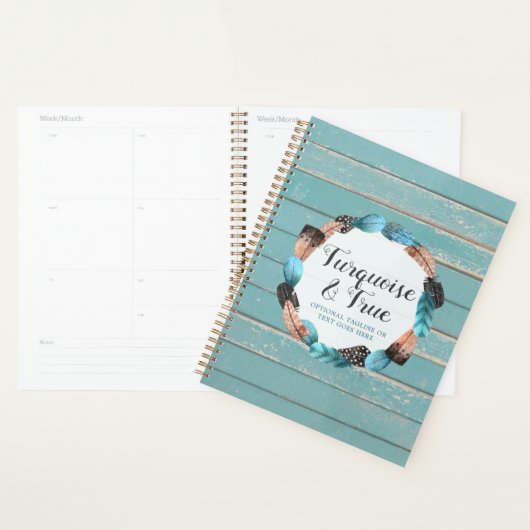 Rustic Turquoise Wood & Feather Wreath Boho Chic Planner (Display)