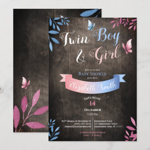 Rustic Twin Boy and Girl watercolor babyshower Kaart