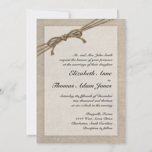 Rustic Twine Bow en Burlap Wedding Invitation Kaart (Voorkant)