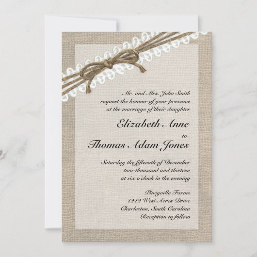 Rustic Twine en Lace Burlap 2 Wedding Invitation Kaart (Voorkant)