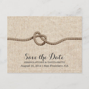 Rustic Twine Knot Burlap Save the Date Aankondigingskaart