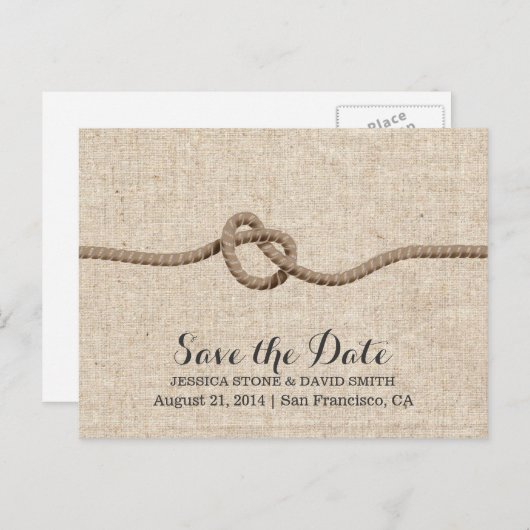 Rustic Twine Knot Burlap Save the Date Aankondigingskaart (Voorkant / Achterkant)