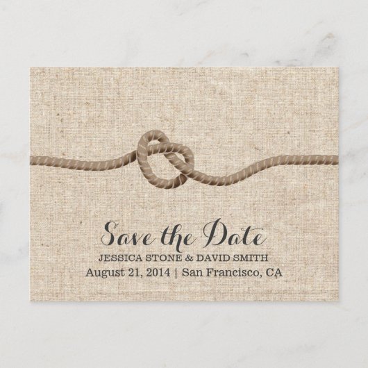Rustic Twine Knot Burlap Save the Date Aankondigingskaart (Voorkant)