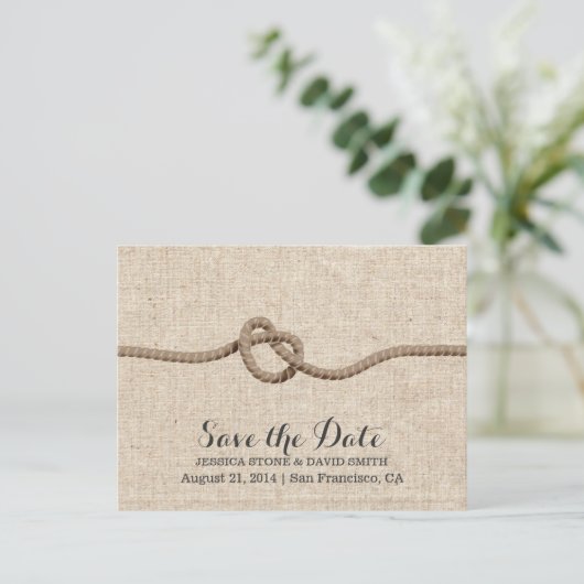 Rustic Twine Knot Burlap Save the Date Aankondigingskaart (Staand voorkant)