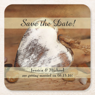 Rustic Twine Wood Heart Save the Date Vierkante Kartonnen Onderzetter