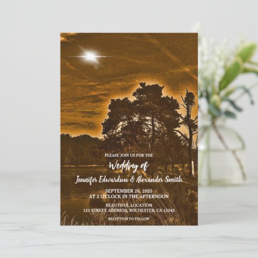Rustic twinkle light country wedding invitation (Debout devant)