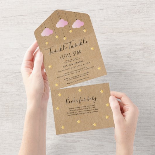 Rustic Twinkle Twinkle Pink Clouds Baby shower All In One Uitnodiging (Afscheurbaar)