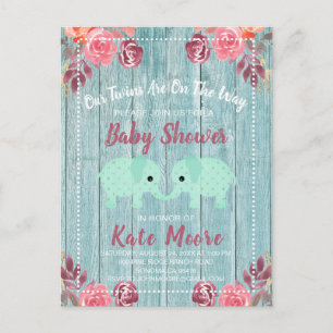 Rustic Twins Baby Elephants Baby shower Blue Green Briefkaart