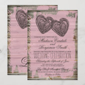Rustic Two Hearts Barn Wood Pink Wedding Invites Kaart (Voorkant / Achterkant)