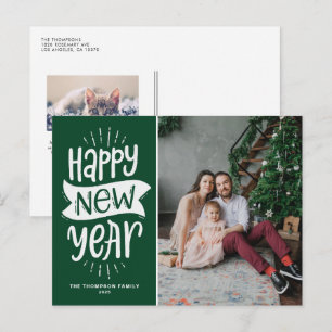 Rustic Typografie Green Happy Nieuwjaarsfoto Feestdagenkaart