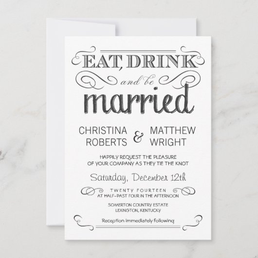 Rustic Typography Black & White Wedding Invitation Kaart (Voorkant)