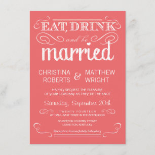 Rustic Typography Coral Pink Wedding Invitations Kaart