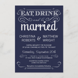 Rustic Typography Navy Blue Wedding Invitations Kaart