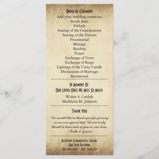 Rustic Typography Wedding Programs Programma (Achterkant)