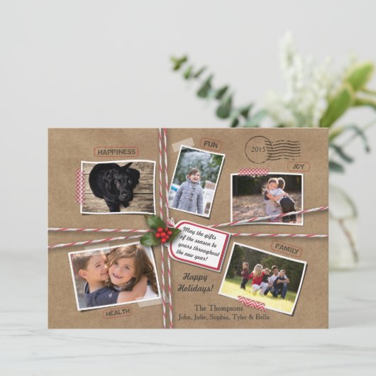 Rustic Vakantie Kerst Kraft Papier 5 Foto Feestdagenkaart (Staand voorkant)