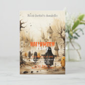 Rustic Village Ghosts Bats Halloween Party Kaart (Staand voorkant)