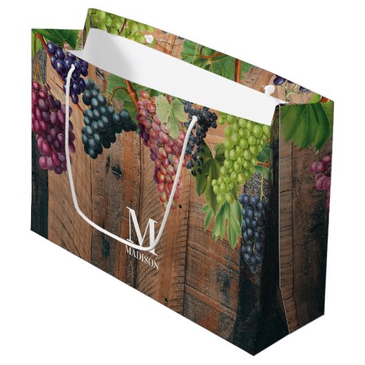 Rustic Vineyard Wood & Grapes Monogram Groot Cadeauzakje (Voorkant Gekanteld)